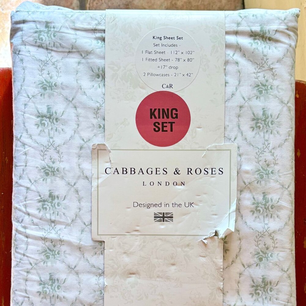Cabbages & Roses KING Size Sheet Set JULIA SAGE Crisp Cotton Percale